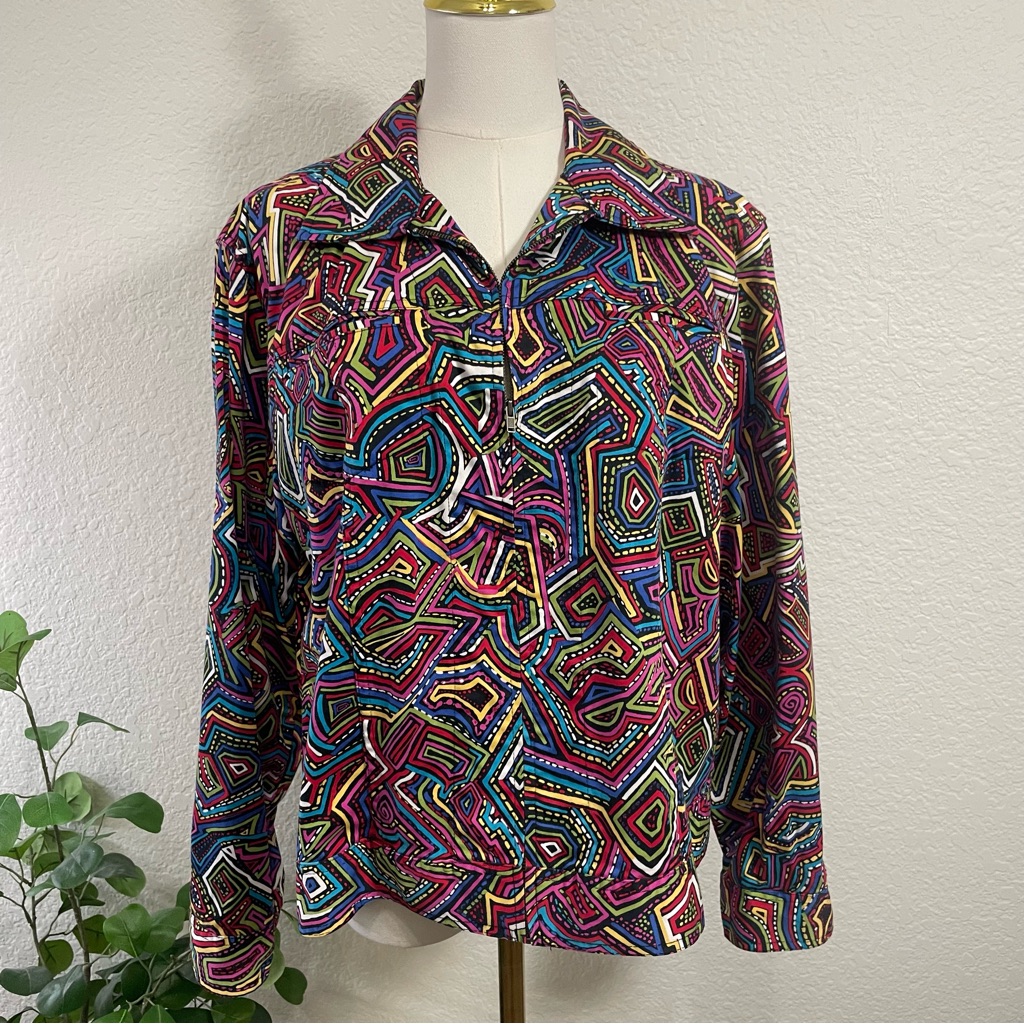 Vintage Y2k Chico’s Abstract Geometric Zip-Front Shirt